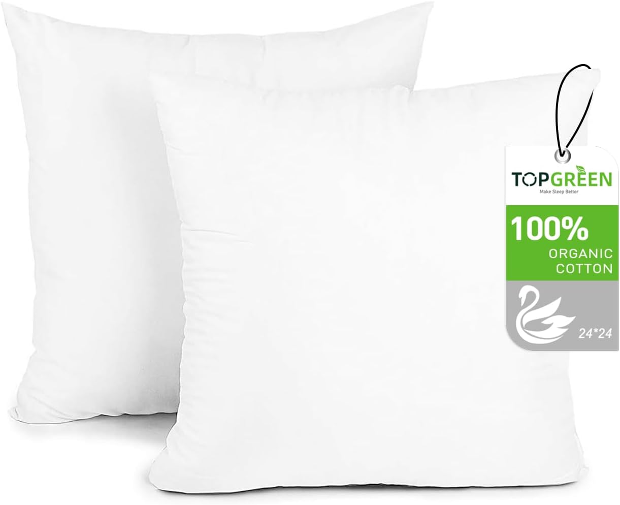 Feathers Down Throw Pillow Inserts 24x24, Set of 2, 100% Organic Cotton Shell, Soft Decorative Square Pillow Insert for Living Room Sofa, Couch, or Bed (White) 24x24 Inch White