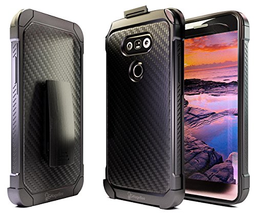 LG G5 Case, Nznd [Shield Carbon Fiber] Hybrid Armor Stand with Holster Locking Belt Clip Combo Case for LG G5 - Black