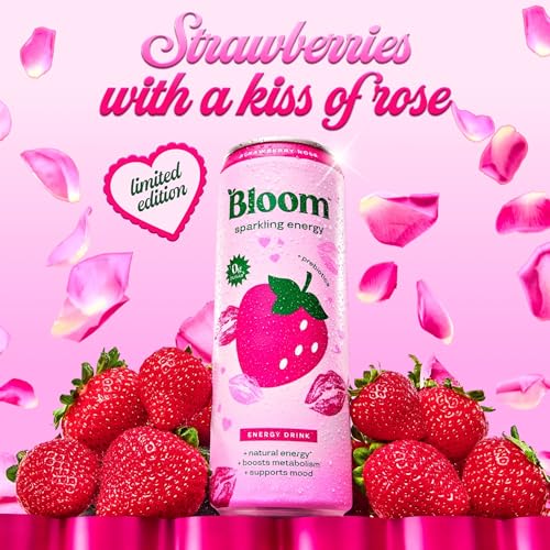 Image of Bloom Nutrition Sparkling Energy Drink - Natural Caffeine, Zero Sugar, 180mg Caffeine - Antioxidant-Rich with Green Coffee Bean, Green Tea Extract, Prebiotics - Strawberry Rose - 12 oz (12 Pack)