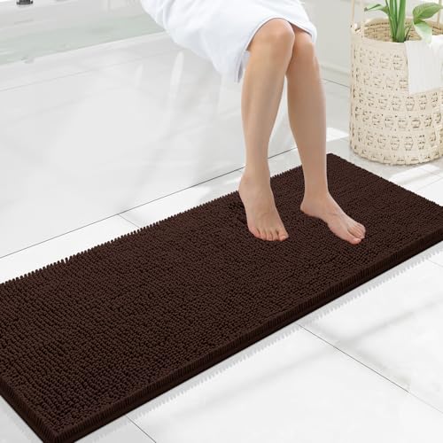 Smiry Luxury Chenille Bathroom Rugs 47x17, Extra Soft and Absorbent Shaggy Bath Mat, Machine Washable, Non-Slip Plush Carpet Runner for Tub, Shower, and Floor, Home Decor Accessories, Brown
