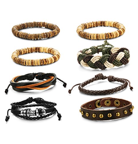 Loyallook 16Pcs Mens Leather Bracelet Wrap Cuff Bracelets With Hemp Cords Wood Beads Ethnic Tribal Believe Charm #TOP3