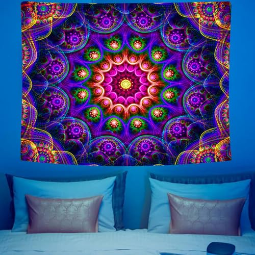 Psyhilar Blacklight Trippy Mandala Tapestry For Bedroom Wall, Boho Black Light Posters For Adults Uv Reactive Room Decor thumb #1