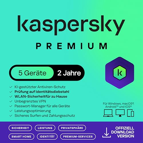Kaspersky Premium Total Security 2025 | 5 Geräte | 2 Jahre | Anti-Phishing und Firewall | Unbegrenzter VPN | Passwort-Manager | Kindersicherung | 24/7 Unterstützung | PC/Mac/Mobile | Code per Email Kaspersky Premium Total Security 2025 | 5 Geräte | 2 Jahre | Anti-Phishing und Firewall | Unbegrenzter VPN | Passwort-Manager | Kindersicherung | 24/7 Unterstützung | PC/Mac/Mobile | Code per Email