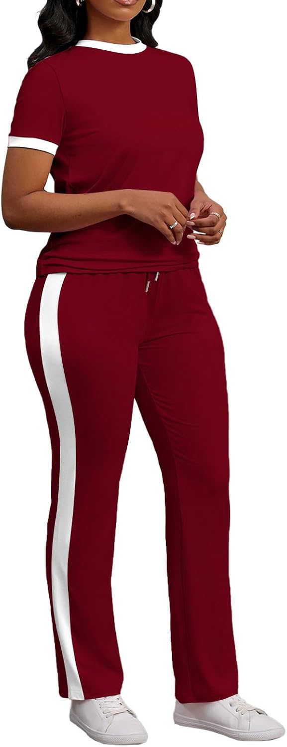 PINSV Women's 2 Piece Outfits Short Sleeve Tops Sweatpants Colorblock Bodycon Lounge Sets Tracksuit - Image 3