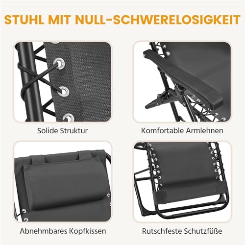 Yaheetech Sonnenliege Liegestuhl Klappbar Gartenliege mit Kopfkissen & Becherhalter Tragbare Relaxliege für Strand/Garten/Balkon, Dunkelgrau