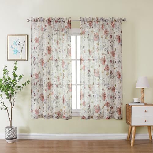 Image of OWENIE Printed Sheer Curtians 54 Inches Long for Kitchen Set of 2 Panels, Dual Rod Pocket Window Living Room Curtains with Floral, Farmhouse Light Filtering Short Curtains for Small Window, 42 inchx54 inch