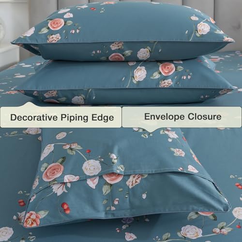 Image of Floral Percale Bed Sheets Queen Size Light Blue 4Pcs Set, Shabby Rose Patterned Chic Deep Pocket 100% Cotton Fitted Sheet Set, Soft Crisp Toile Bedsheets, Luxury Vintage Flower Bedding