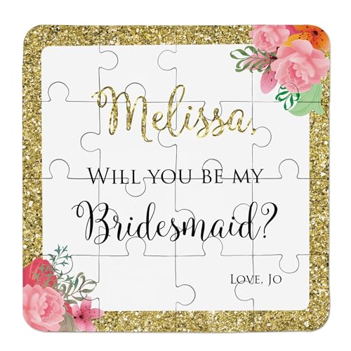 Custom Bridesmaid Proposal Gift, Will You be my Bridesmaid Puzzle with printed Gold Glitter Border and Pink Flowers and Cute Gift Box with Name Tag