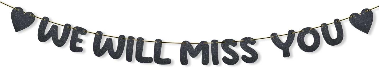 We Will Miss You Banner, Pre-Strung No DIY Glitter Bunting Banner Going Away Party Decorations for Office Work Farewell Goodbye Retirement Graduation Party Decorations Supplies Black