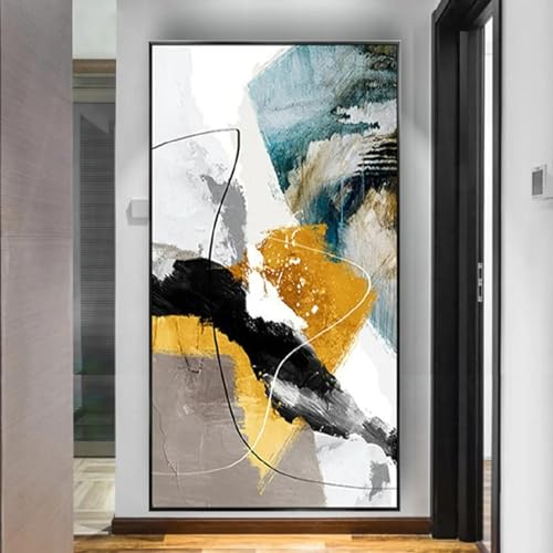 Art mural abstrait doré HOLEILUCK | Grand tableau moderne 85x170 cm avec cadre noir