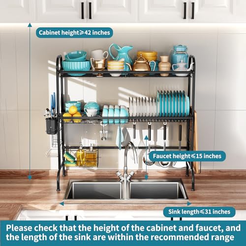Image of HOWDIA 3-Tier Over The Sink Dish Drying Rack,Stainless Steel Dish Rack with Cutlery Holder & Chopping Board Rack, 33.9 inch x 11.4 inch x 32.3 inch for Maximum Kitchen Storage(Black)