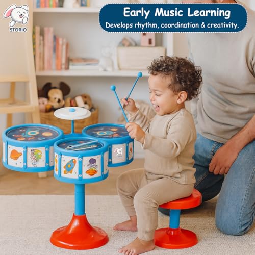Image of Storio Jazz Drum Set for Kids | Musical Toy Set with 3 Drums, 1 Cymbal, Drumsticks & Stool | Durable Plastic Learning Toy Music Instrument for Boys & Girls for 3 Years+