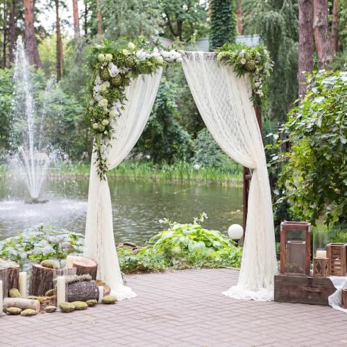Image of HunnmingRe 4 Panel Ivory White Wedding Arch Draping Fabric Summer 30 inch X 18 FT Lace Wedding Arch Drapery Embroidered Boho Rustic Backdrop Vintage Decor for Bridal Shower Church Ceremony Decoration
