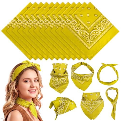 PLULON 12 Pcs Yellow Bandanas Bulk 20 x 20 Inch Paisley Pattern for Women Men Head Scarf Cowboy Bandana Neon Square Handkerchiefs Outdoor Cycling Face Mask Headwear for Boy Girls 100% Polyester