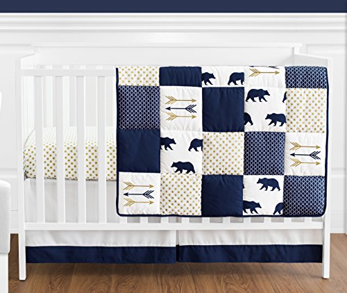 Navy Blue, Gold, and White Patchwork Big Bear Boy Baby Crib Bedding Set by Sweet Jojo Designs - 4 Pieces