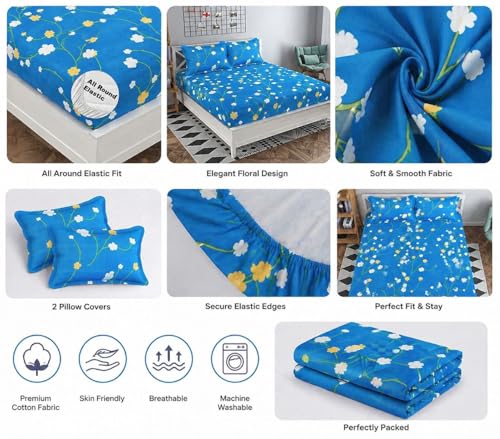 Image of Castiqa Elastic Fitted Supersoft Premium Brushed Cotton 200TC King Size Bedsheets with 2 Pillow Covers (Fits Upto Mattress of 10 Inches) (King (72x78), Blue Orchid)