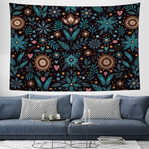 Tapiz para dormitorio JRISEMECY 230x150cm con diseño floral bohemio azul verdoso