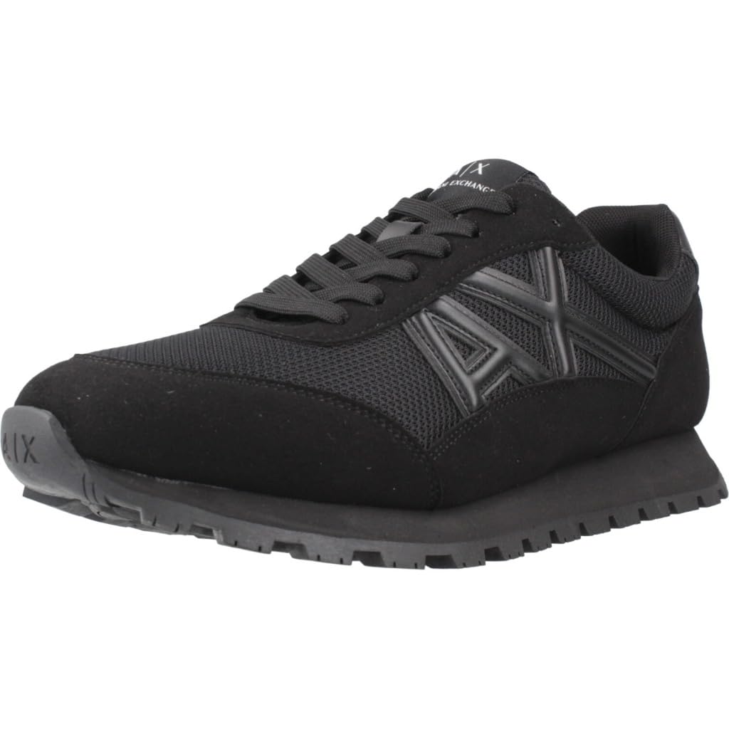 Armani Exchange Men's Side Geometric Logo Motifs Trainers, Black + Black, 42.5 EU, Black, 9.5 UK