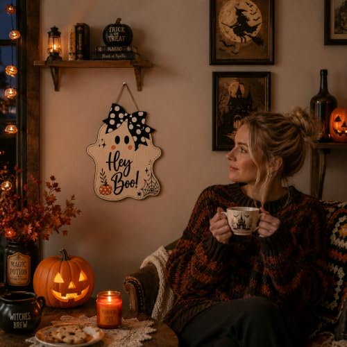 Image of Halloween Party Decorations - Hey Boo Wooden Ghost Sign for Front Door | Cute Ghost Halloween Garland Wood Wreaths Door Sign Decor- Halloween Party Favors Supplies for Home Wall Decor