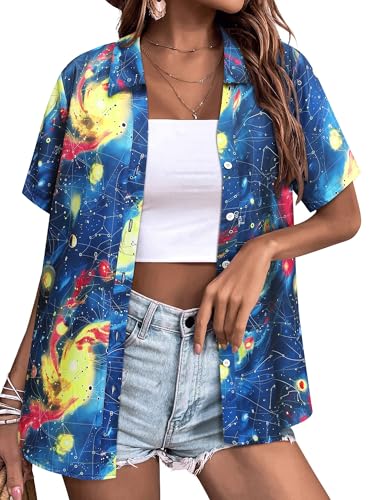 Ezcosplay Womens Space Button Down Shirts Funny Astronaut Universe Planet Solar System Galaxy Graphic Tees Tshirt Blouse