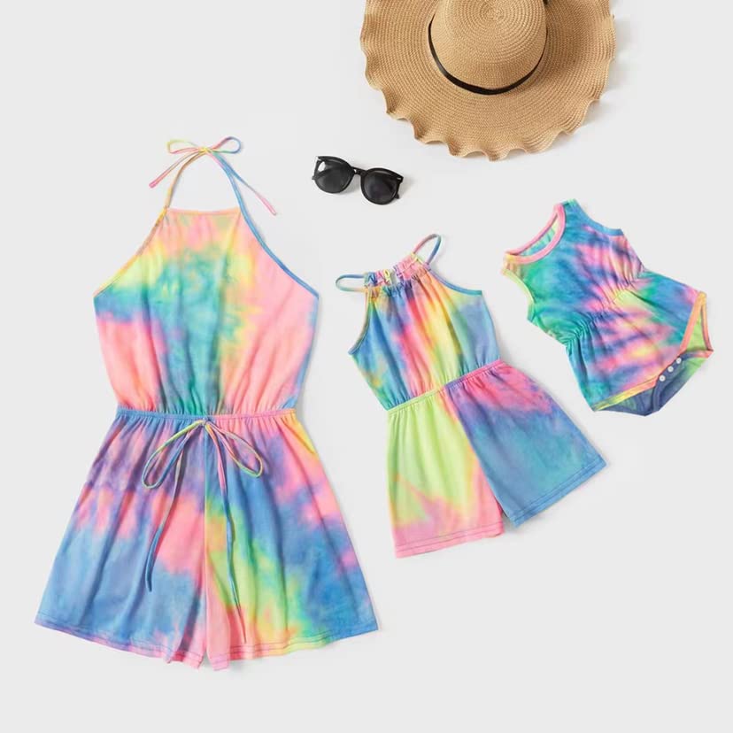 AWIBMK Mommy and Me Dresses Outfits Floral Print Sling Family Matching Belted Jumpsuit Romper V Neck Sleeveless Summer Casual Clothes Suit Set for Mother and Daughter Rainbow Tie Dye 6-7 Years