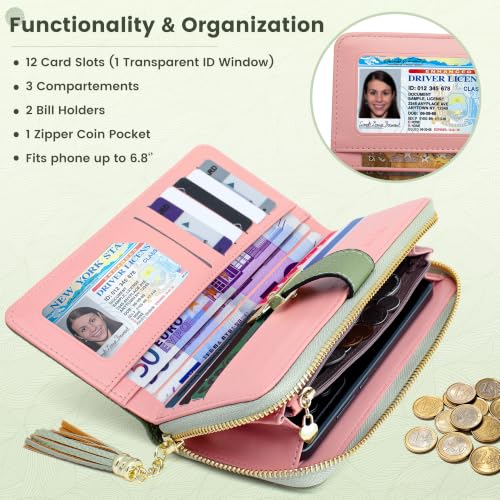 Image of Pomelo Best Womens Wallet RFID Blocking Bifold Multi Card Slots | Large Capacity, 12 Card Slots, Id Window, 3 Compartment, 2 Bill Hoder, Phone Compartment, Zipper Coin Pocket, Soft Leather