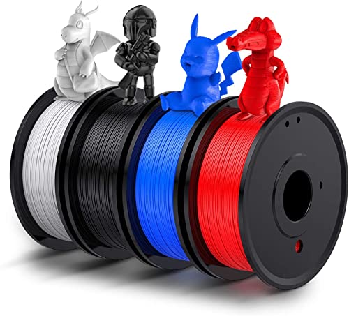 PLA-Filament 1,75 mm, 1 kg (4 x 250 g), Demissionstoleranz +/- 0,02 mm, mit 4 Farben (schwarz x 250 g, weiß x 250 g, rot x 250 g, blau x 250 g)