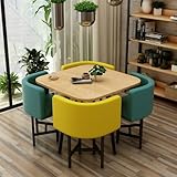 ENSEMBLE 1 TABLE ET 4 CHAISES : Chaises rembourrées jaune-vert associées à un plateau carré en bois naturel. Leur silhouette élégante et moderne et leurs couleurs vives apportent une touche tendance à n'importe quel espace, s'harmonisant avec divers styles d'intérieur tels que le contemporain et le scandinave.
