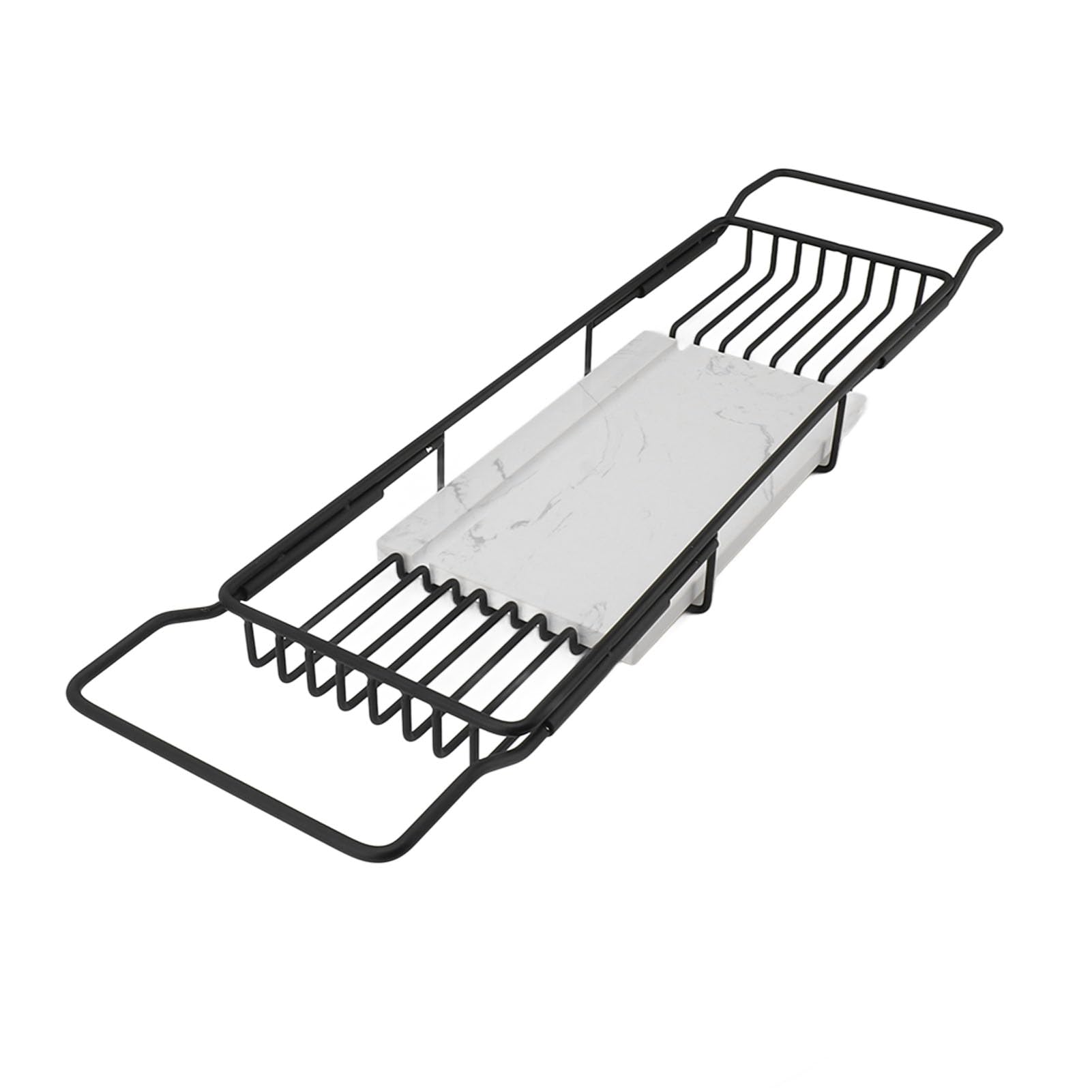 Aoresac Estante de baño de metal de mármol, bandeja de baño ajustable y antideslizante para la mayoría de las tinas (negro y blanco)