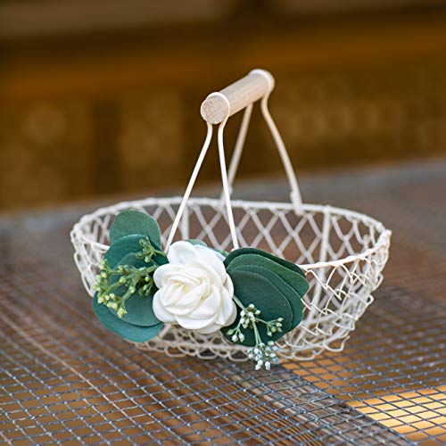 image for Petite Ivory Flower Girl Basket - Ivory Metal Wedding Basket w/Wood Ha