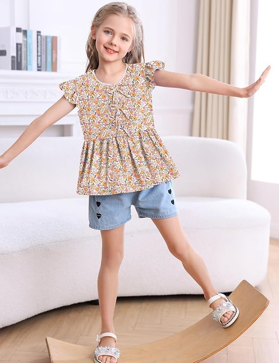 Image of Ivicoer Girls Summer Shirts Kid Flying Ruffled Short Sleeve Tops Big Girl Casual Flowy Babydoll Shirt Fashion Soft Basic Cute Button Down Shirt Comfy Clothes Classic Tops Size 5-6y 5 6 Year Old