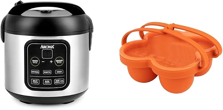 AROMA 8-Cup Digital Rice Cooker and Egg Bite Mold Bundle - Compact Cooker for Rice, Grains, and Egg Bites | Includes Rice Cooker ARC-994SB and Silicone Mold AAC-001