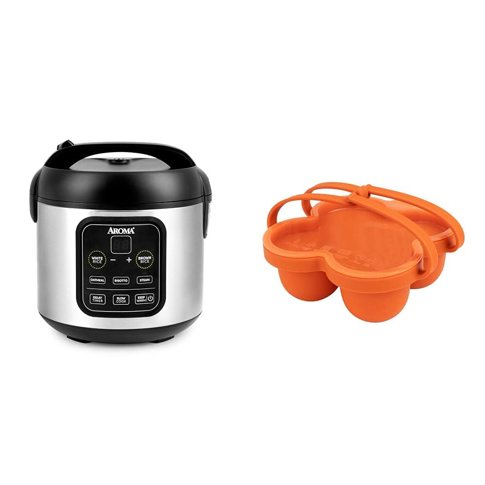 AROMA 8-Cup Digital Rice Cooker and Egg Bite Mold Bundle - Compact Cooker for Rice Grains and Egg