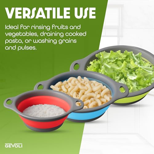 GEVOLI Passoire de cuisine pliable en silicone avec base d'évacuation d'eau - Passoire pliable pour évier - Pour égoutter les pâtes, les légumes et les fruits, rouge/bleu/vert (3, 4 et 5 l) – vue 8
