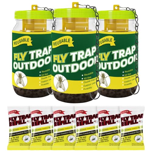 Paquete de 3 trampas reutilizables para moscas al aire libre, tarro de atrapamoscas con 6 repuestos de cebo natural para moscas, control de trampas de insectos para colgar al aire libre, establo