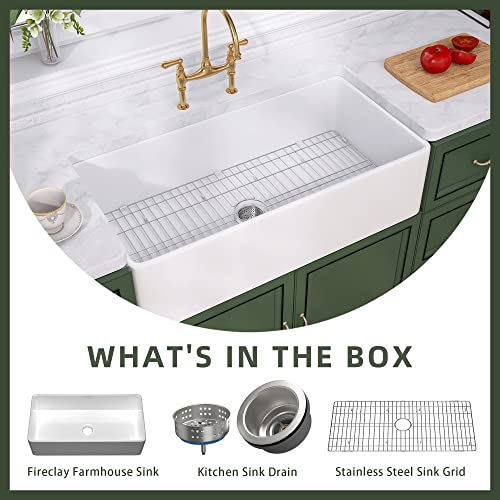 Tuktuk White Farmhouse Sink 36 Inch Fireclay Apron Front Farm Sink Single Bowl Kitchen Sinks Deep Large Capacity Porcelain Ceramic Sink Undermount Luxury Bottom Grid & Strainer Drain Included #TOP6
