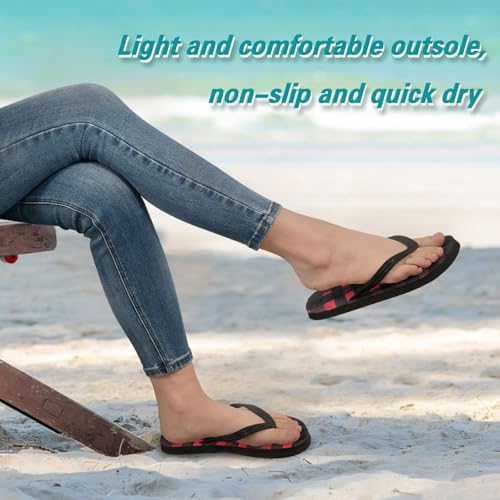 Black and Red Plaid Women's Flip Flop Sandal Casual Summer Sandals, Mens Flip Flops for Beach Outdoor XS4