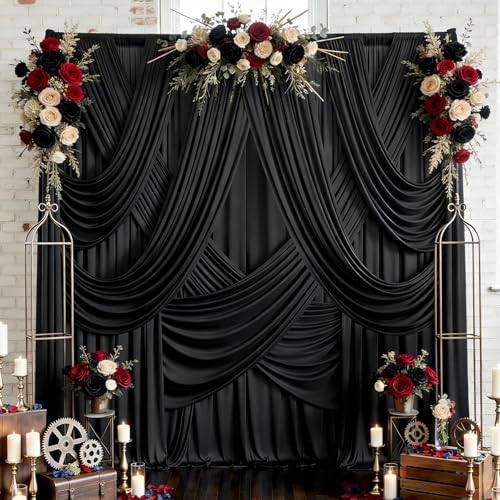Image of 10x15 ft Black Backdrop Curtain Panels for Wedding Parties, Wrinkle Free Silky Polyester Photo Backdrop Drapes 2 Panels 15 ft Long Back Drop Cloth Drapety for Birthday Photography Background Curtain