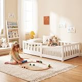 Meulbaty Toddler Bed, Toddler Floor Bed with Rails, Low Profile Montessori Bed Frame for Toddlers, Wooden Kid Beds for Kids- White