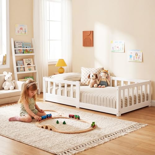Meulbaty Toddler Floor Bed 70x140cm - Low Montessori Bed with Movable Safety Guardrails Natural Solid Wood Frame with Slats Floor Bed for Kids Girls Boys White