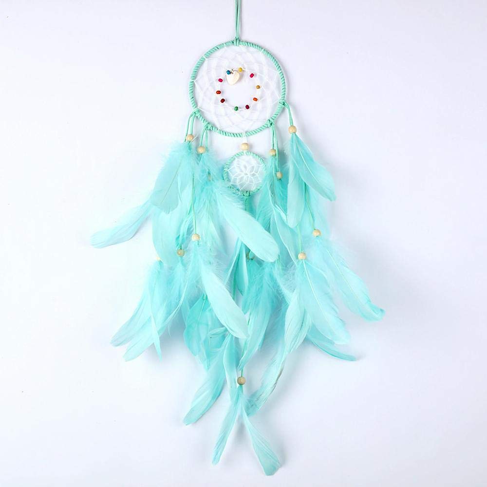 Grand attrape-rêve LED vert en plumes colorées fait main de 11x50 cm