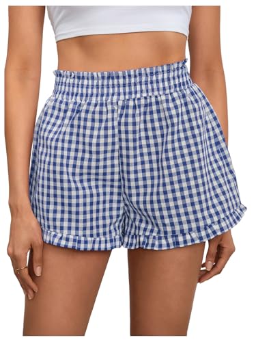 Image of MakeMeChic Women's Gingham Ruffle Lounge Shorts Elastic High Waist Pajamas Boxer Shorts