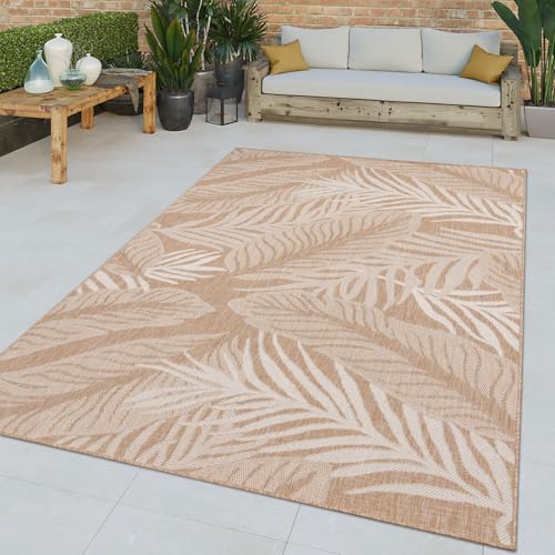 TT Home In-& Outdoor Teppich Wetterfest Balkon Flachgewebe Palmen Motiv Blätter Floral, Farbe:Beige Creme, Größe:60×100 cm