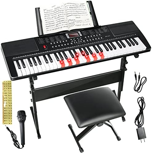 Keyboard Piano 61 Key Electric Piano Keyboard for Beginners/Professional, Full Size Light Up Music Keyboard Built-in Dual Speakers with LED Display, Stand, Music Stand, Microphone, Bench