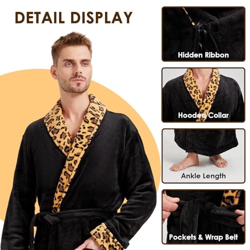 Men's Fleece Plush Bathrobe Full Length Big and Tall Shawl Collar Plaid Men Robe3