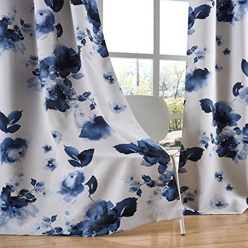 Taisier Home 84 Inch Grommet Room Darkening Window Curtain Drapes, Chinese Traditional Ink Painting Stylized Leaves And Flower,Artwork,Deep Blue Print Curtains For Living Room Bedroom And Nursery #TOP1