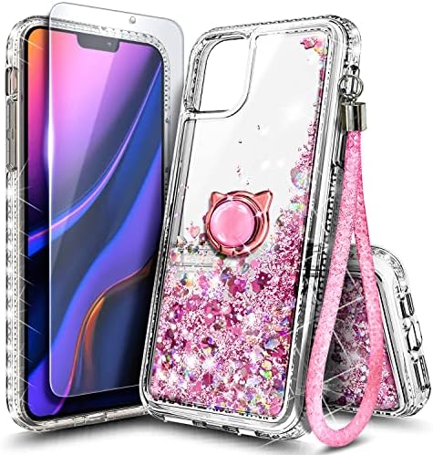 NGB Supremacy Compatible with iPhone 12/12 Pro Case with Tempered Glass Screen Protector, Ring Holder/Wrist Strap, Girls Women Liquid Bling Sparkle Floating Glitter Cute Case (Rose Gold)