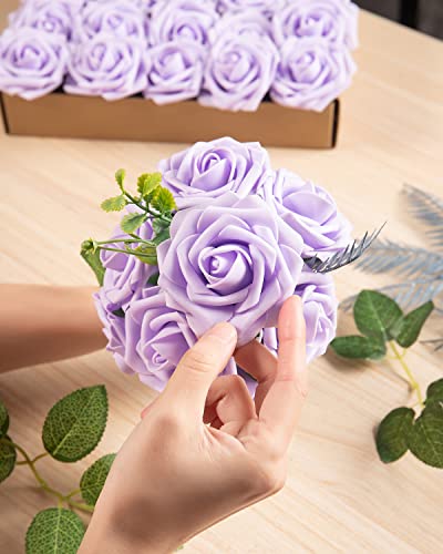 Duhouse 25Pcs Artificial Roses Flowers Fake Roses With Stems Real Touch Foam Flowers For Diy Wedding Bouquet Baby Shower Centerpiece Floral Arrangement Party Home Decor(Lilac) #TOP4