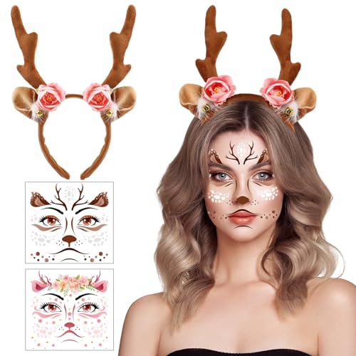 HOWAF Halloween Deer Face Tattoos Reindeer Face Stickers & Elk Antlers Headband for Deer Costume Women & Girls, Pink Reindeer Ears Headband Fawn Horn Antlers Head Wear Fawn Temporary Tattoos