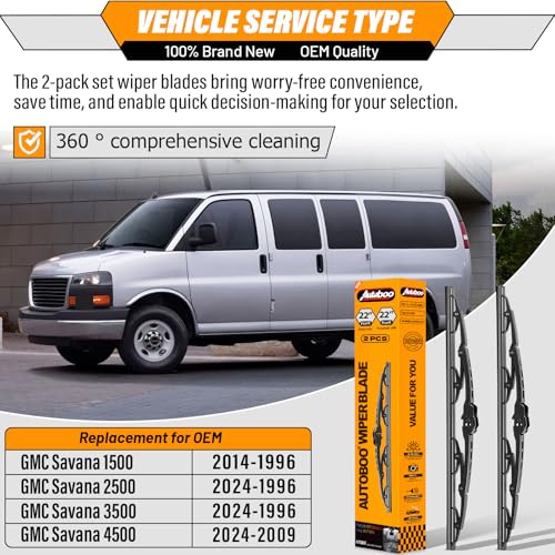 Image of AUTOBOO Windshield Wiper Blade Replacement for GMC Savana | Fits Savana 1500 /2500 /3500 /4500 1996-2024, 22 inch+22 inch, 2-pack, U /J Hook, all-season, easy install